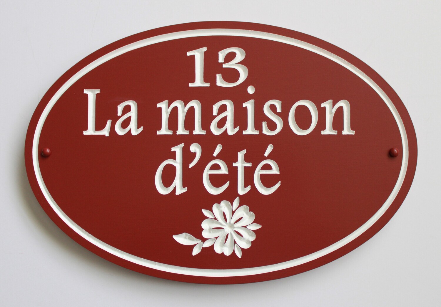 Weather Resistant Custom Exterior Oval House Sign Solid 3/4 inch thick PVC - Painted with white carved flower numbers,   text and groove