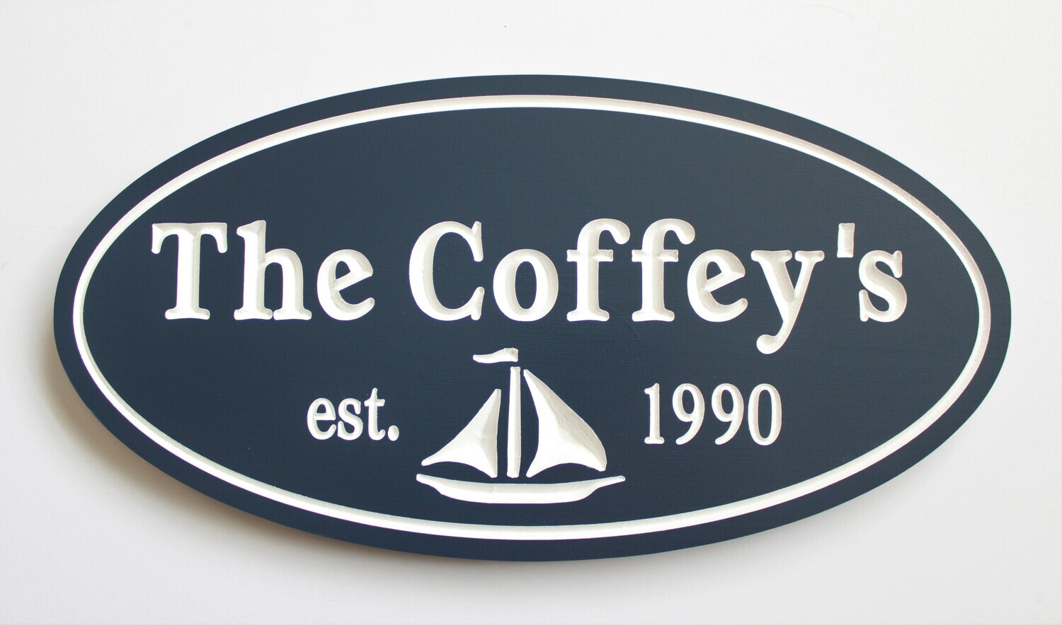 Weather Resistant Custom Exterior Oval PVC Sign Cottage Sign House Sign with Sailboat Painted Sign with White Carving