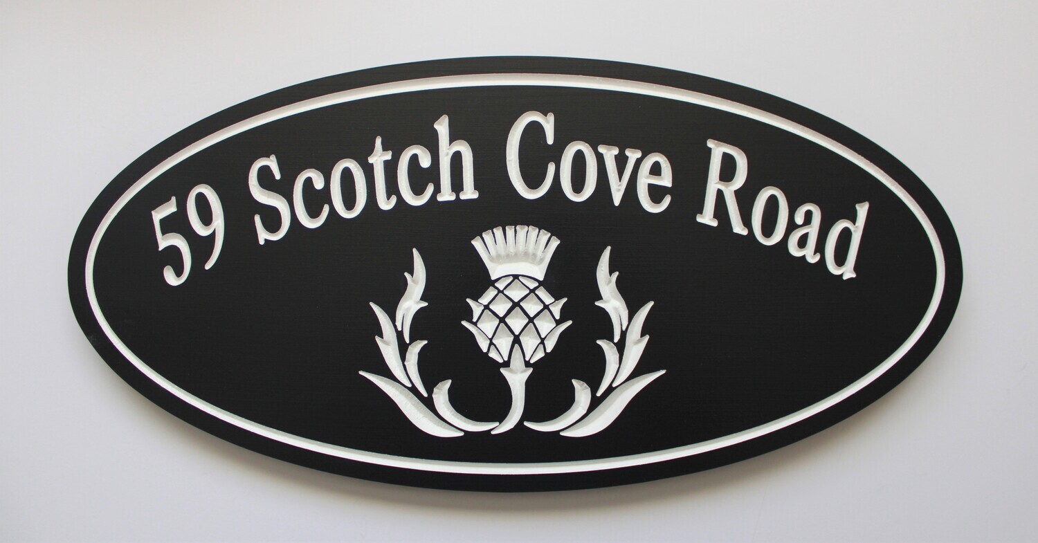 Weather Resistant Personalised Oval PVC Cottage Sign House Sign with Carved Thistle with White Carving