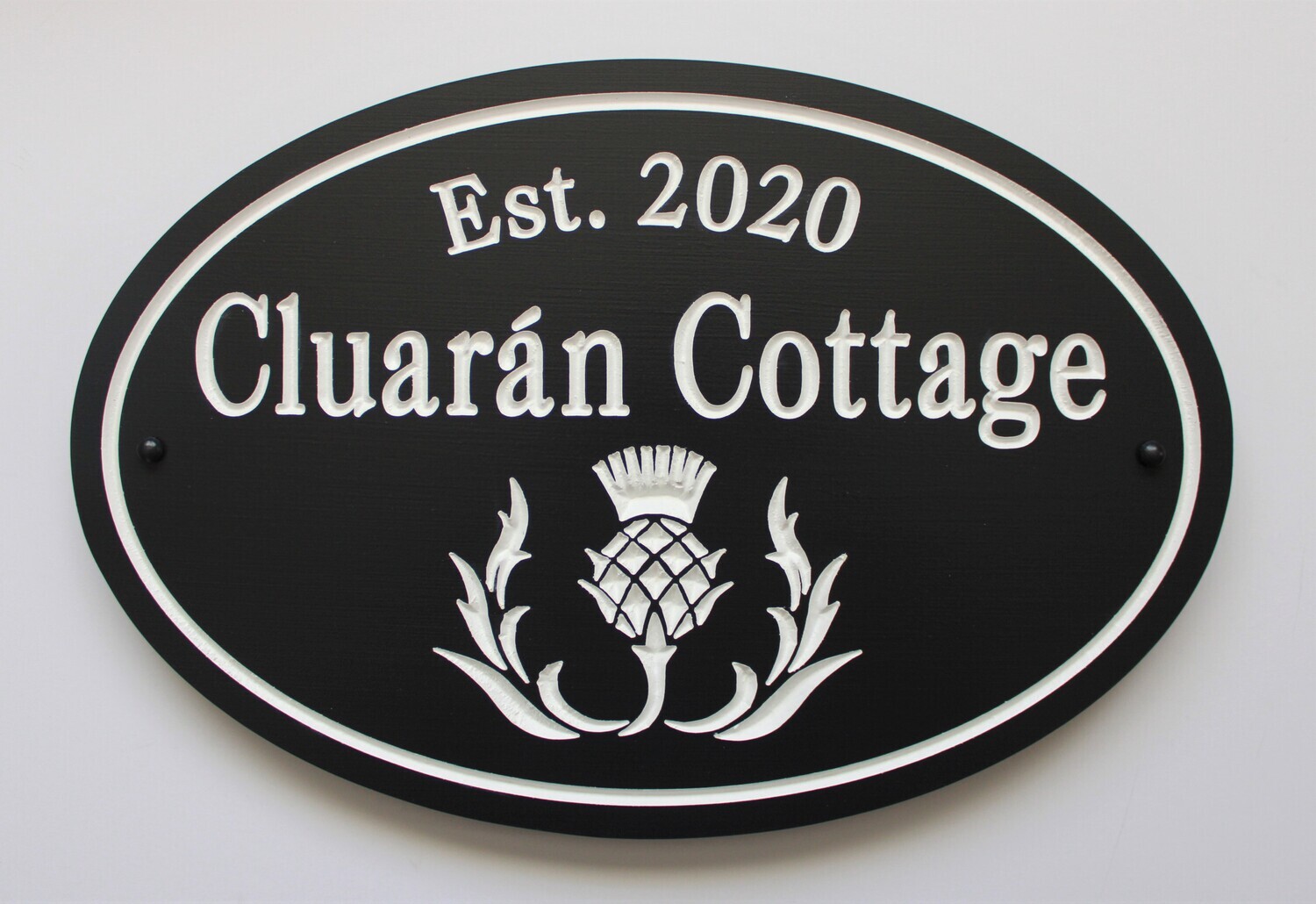 Weather Resistant Custom Exterior Oval Sign Cottage Sign House Sign Painted Carved Thistle with White Carving - Solid 3/4 inch thick PVC