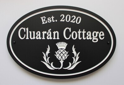 Weather Resistant Custom Exterior Oval Sign Cottage Sign House Sign Painted Carved Thistle with White Carving