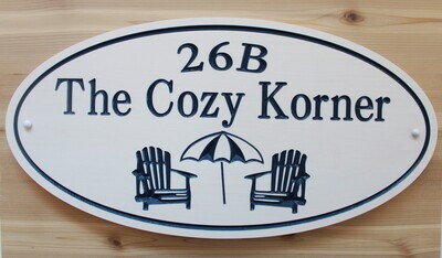 White Oval House  Sign - Cottage Sign with Chairs and Umbrella With Painted Carving - Weather Resistant solid 3/4 inch thick PVC.