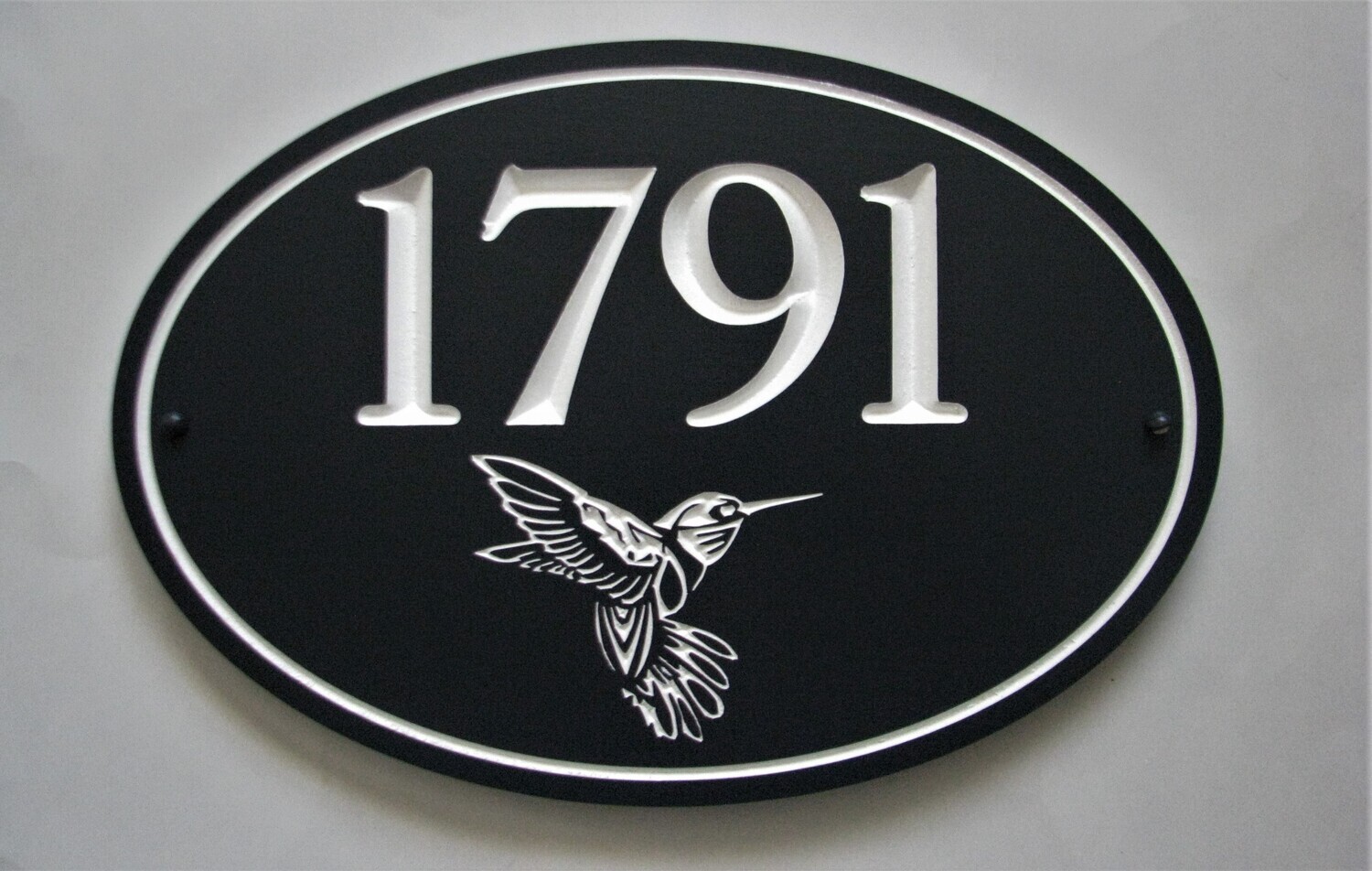 Custom Oval House Number Sign with Carved Hummingbird - House Number Sign Painted With White Carving - Weather Resistant solid 3/4 inch thick PVC.