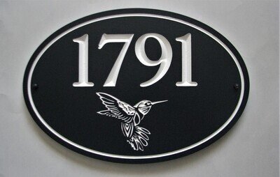 Oval House Number Sign with Carved Hummingbird - House Number Sign Painted With White Carving - Weather Resistant solid 3/4 inch thick PVC.