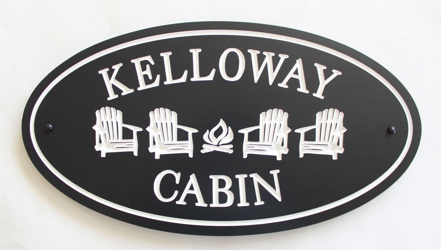 Custom Oval  PVC Weather Resistant House Sign Cottage Sign with 4 Carved Chairs & Fire with  White  Carving