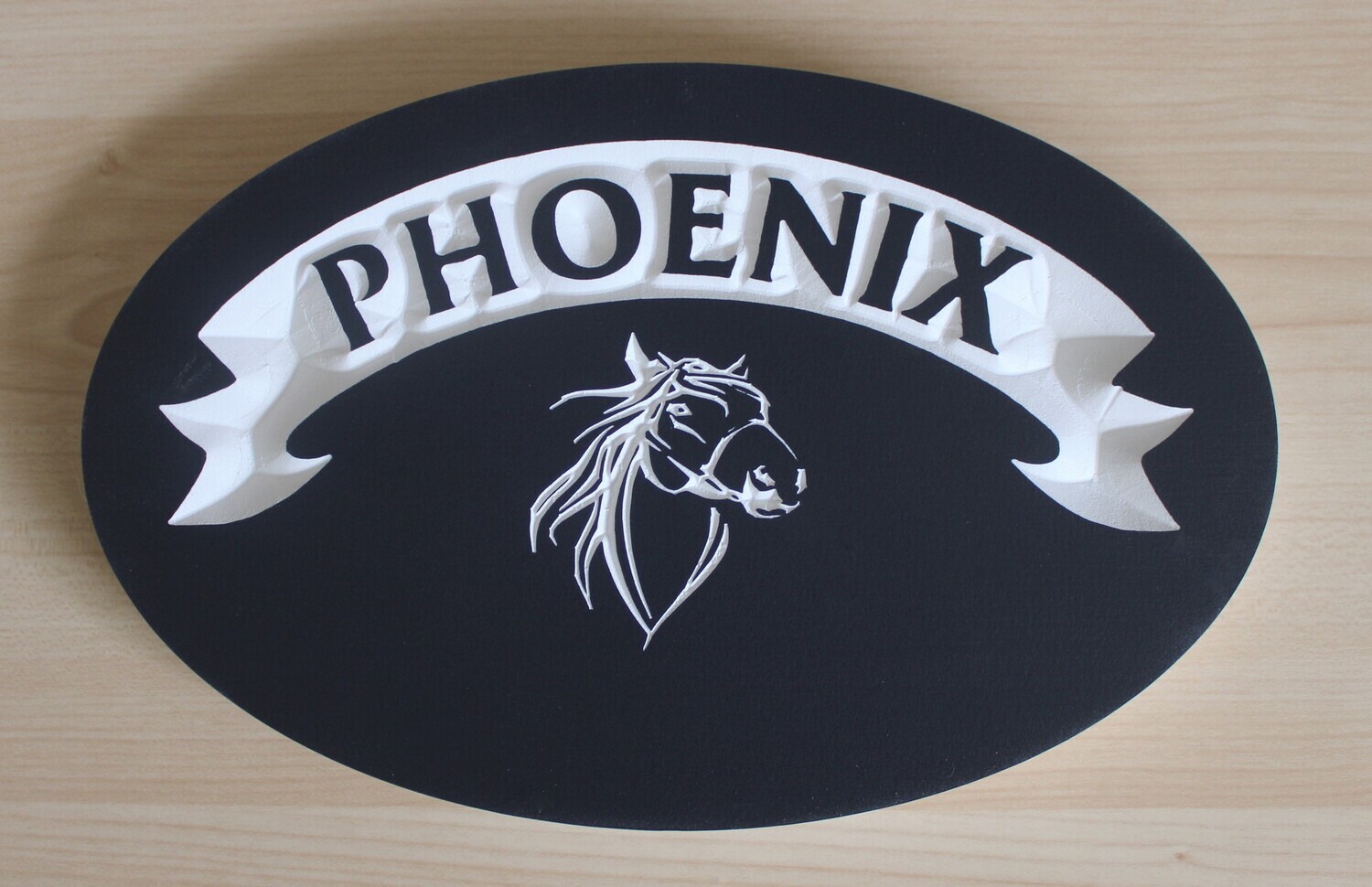 Custom Oval Painted PVC Horse Stall Sign - Barn Sign with white carved banner and head and neck of a horse.