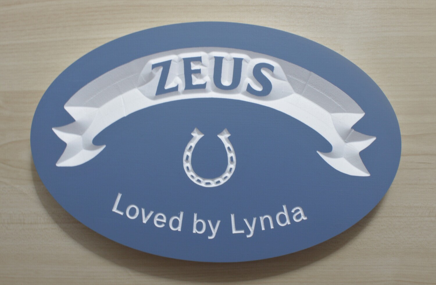 Custom Oval Painted PVC Horse Stall Sign - Barn Sign with Horse's Name > White Carved Banner > Horseshoe and Epithet.