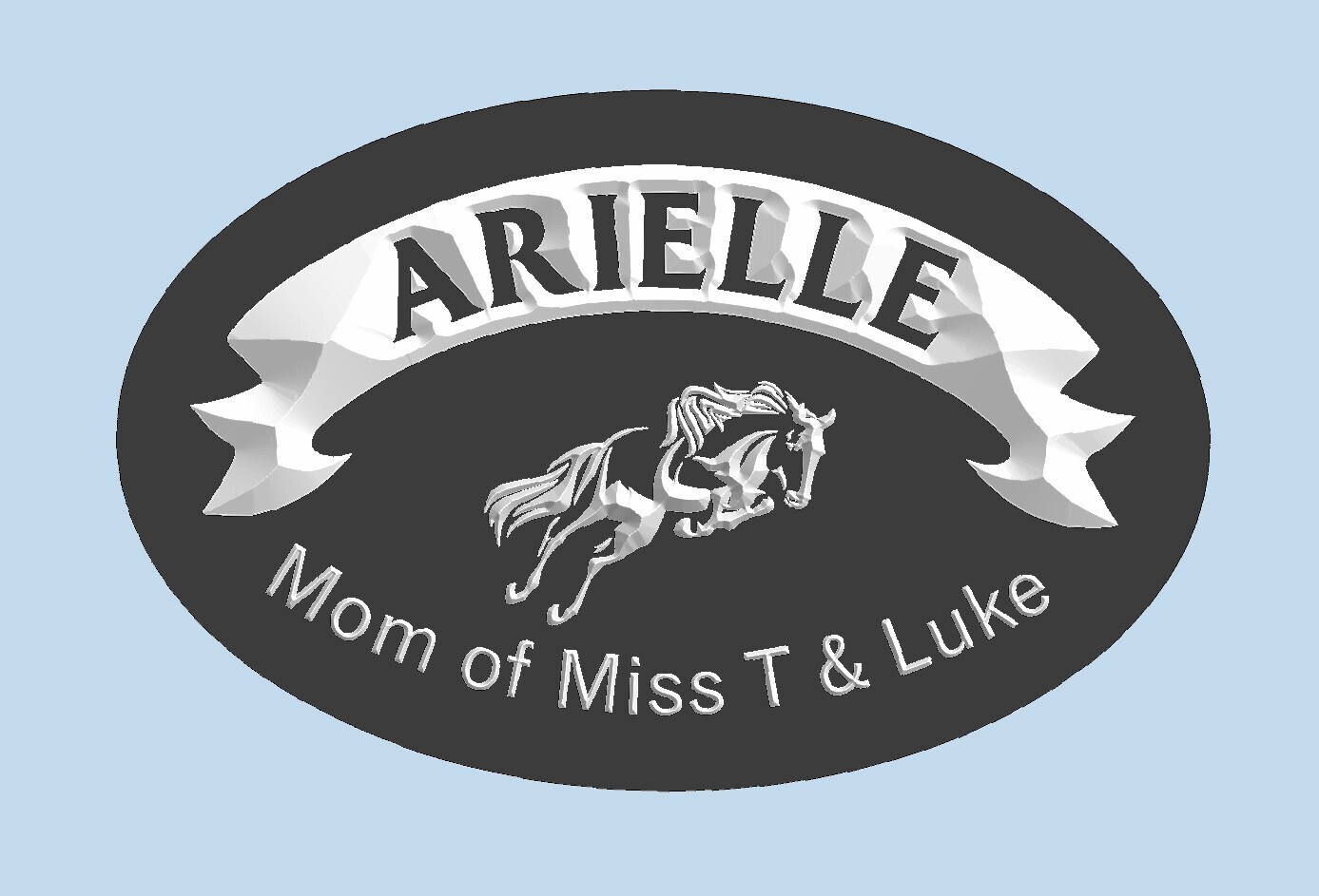Custom Oval Painted PVC Horse Stall Sign - Barn Sign with Horse's Name > White Carved Banner > Jumping horse and Epithet.