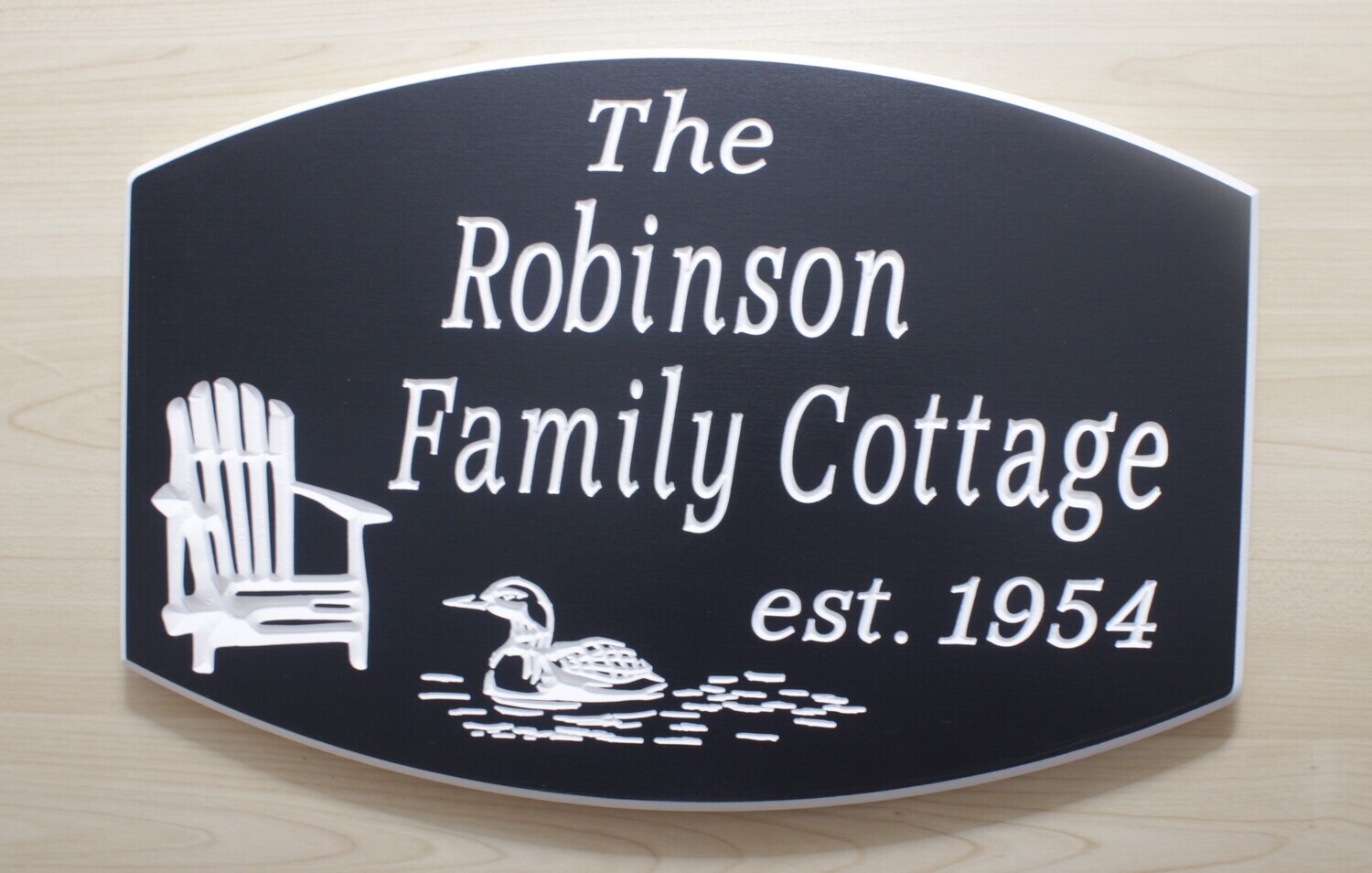 Weather Resistant Custom Exterior Solid PVC Sign. House Sign with Carved Chair and Loon Cottage Sign Painted Sign with White Carving.