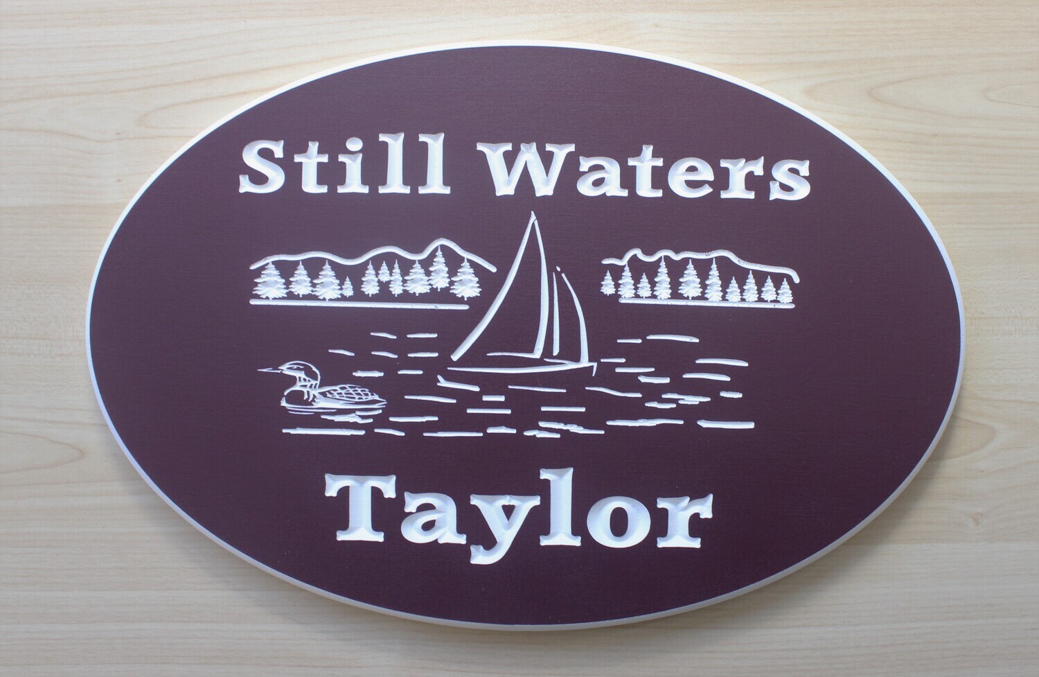 Weather Resistant Custom Exterior Oval Sign Cottage Sign House Sign with Lake Scene Sailboat and Loon Painted with White Carving - Solid 3/4 inch thick PVC