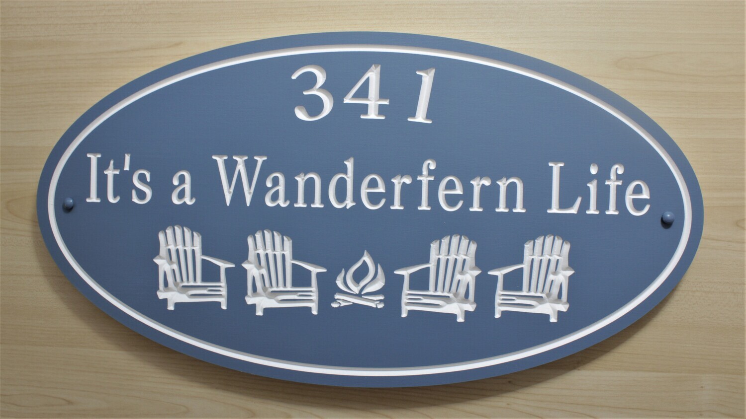 Custom Oval  PVC Weather Resistant House Sign Cottage Sign with 4 Carved Chairs & Fire with  White  Carving