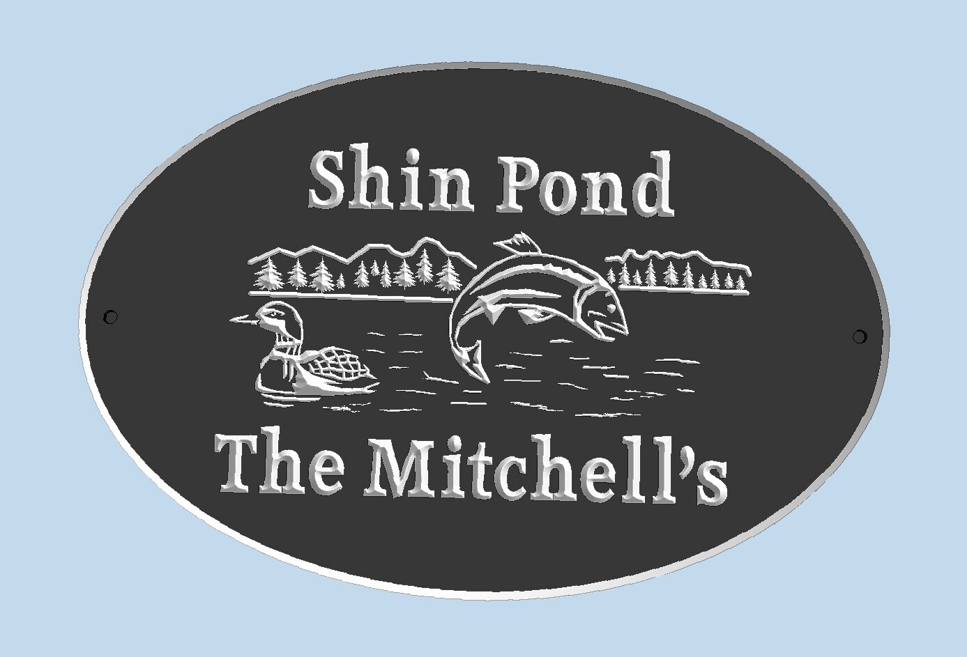Weather Resistant Custom Exterior Oval Sign Cottage Sign House Sign With Carved Lake, Fish and Loon - White Carving - Solid 3/4 inch thick PVC