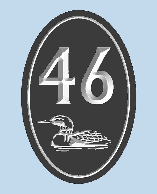 Custom Oval Address Sign - House Number Sign with Carved Loon Painted With White Carving - Weather Resistant solid 3/4 inch thick PVC.