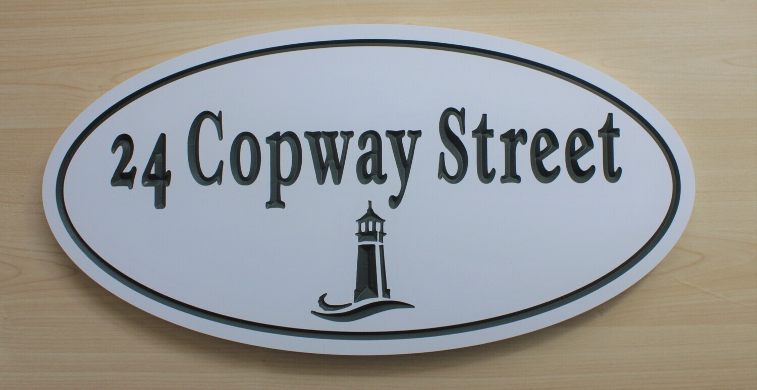 White Oval House  Sign - Address Sign with Lighthouse  With Painted Carving - Weather Resistant solid 3/4 inch thick PVC.