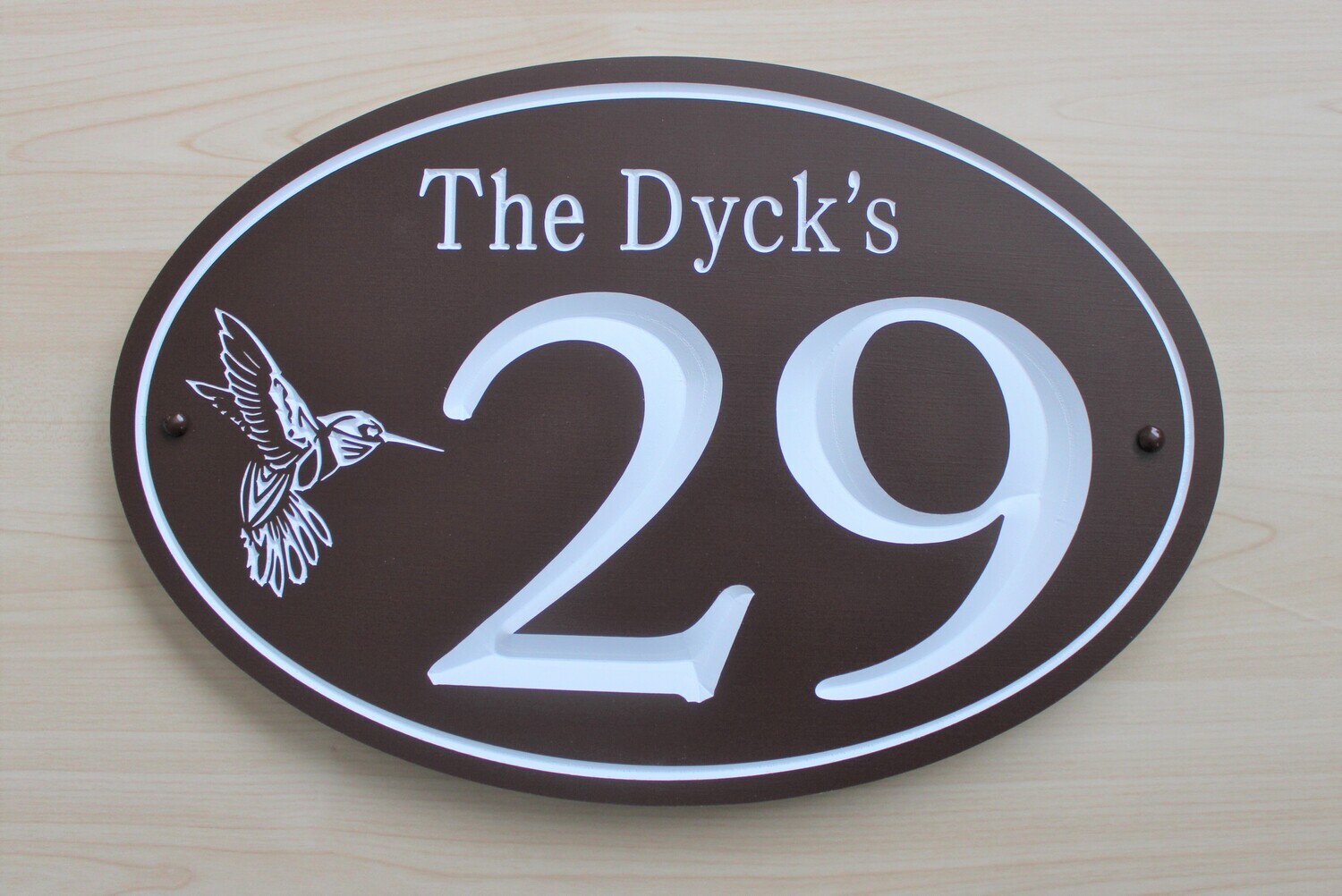 Custom Oval House Number  Family Name Sign with Carved Hummingbird - White Carving - Weather Resistant solid 3/4 inch thick PVC.