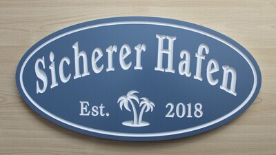 Custom Oval PVC  Family Name Sign House Sign Cottage Sign Camp Sign with Carved Palm Tree - White Carving