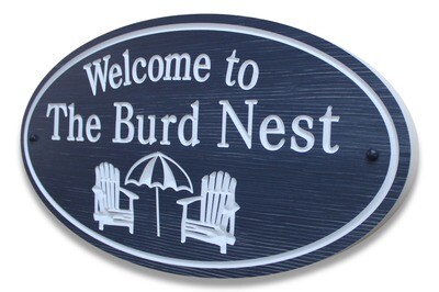 Custom Carved Oval PVC  stained wood effect Cottage Sign with Adirondack chairs and Umbrella  graphics - Weather resistant.