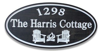 Custom Carved Oval PVC stained wood effect Cottage Sign with Adirondack chairs and firepit graphics - Weather resistant.