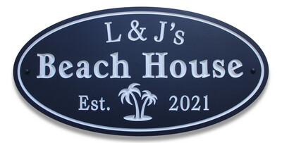 Custom Oval PVC  Family Name Sign House Sign Cottage Sign Beach House Sign with Carved Palm Tree - White Carving