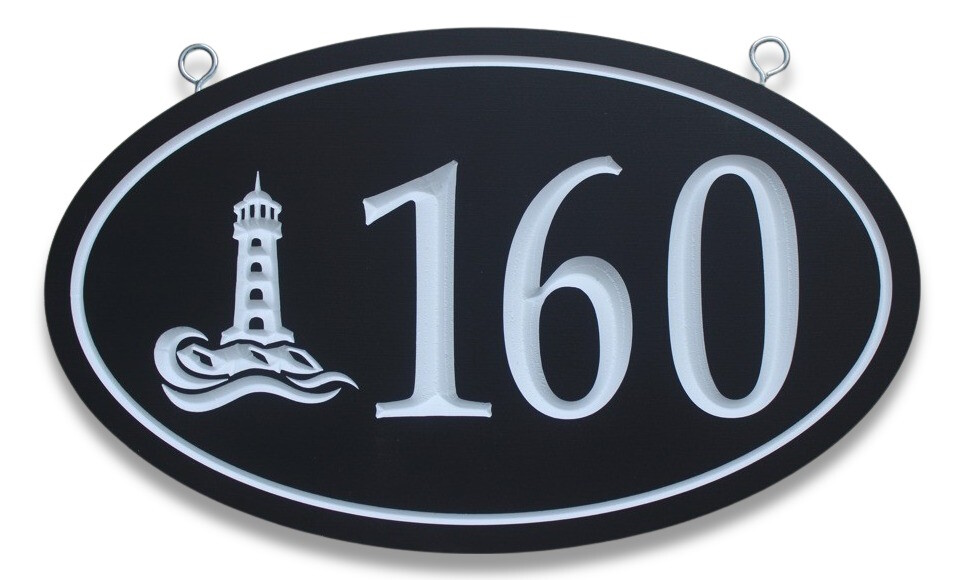 Custom Oval House Number Sign Address Sign with Lighthouse Painted With White Carving - Weather Resistant solid 3/4 inch thick PVC.