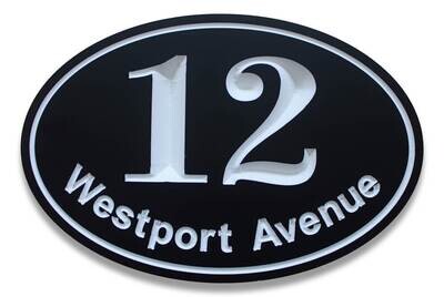 Custom Oval Address Sign - House Number Sign Painted With White Carving - Weather Resistant solid 3/4 inch thick PVC.