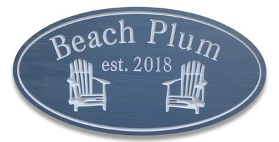 Custom Carved Oval PVC  stained wood appearnace Cottage Sign with Adirondack chair  graphics - Weather resistant.