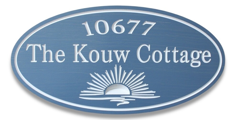 Custom Carved Oval PVC stained wood effect Cottage Sign with sunrise / sunset carved graphics - Weather resistant.