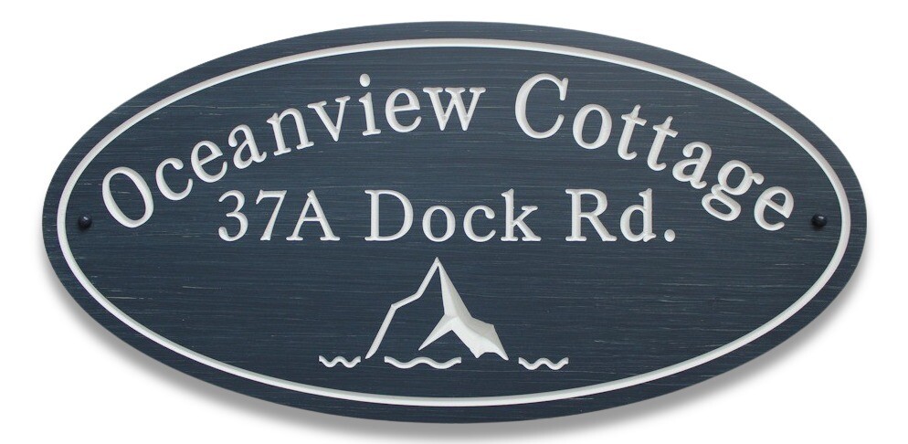 Custom Carved Oval PVC stained wood effect Cottage Sign with Iceberg Graphic - Weather resistant.