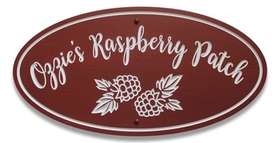 Custom Carved Oval PVC stained wood effect Cottage Sign with Raspberry graphics - Weather resistant.