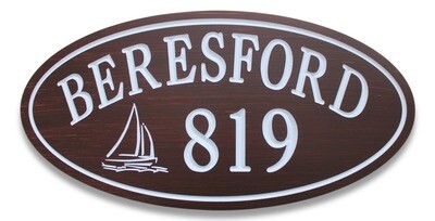 Custom Carved Oval PVC  stained wood effect Cottage Sign with Sailboat Graphic - Weather resistant.