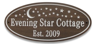 Custom Carved Oval PVC stained wood effect Cottage Sign with Moon and Stars Graphic - Weather resistant.