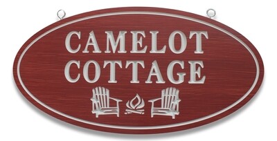 Custom Carved Oval PVC  stained wood effect Cottage Sign with Adirondack chairs and firepit  graphics - Weather resistant.