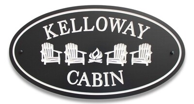 Custom Oval PVC Weather Resistant House Sign Cottage Sign with 4 Carved Chairs & Fire with White Carving