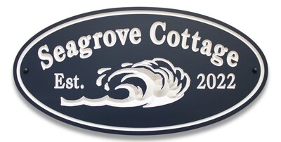 Custom Oval PVC Family Name Sign House Sign Cottage Sign Camp Sign with Carved Wave - White Carved Text
