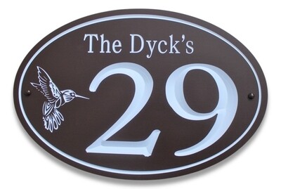 Custom Oval House Number  Family Name Sign with Carved Hummingbird - White Carving - Weather Resistant solid 3/4 inch thick PVC.