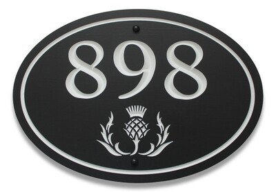 Custom Oval Address Sign - Small House Number Sign Painted With White Carving and Carved Thistle - Weather Resistant solid 3/4 inch thick PVC.