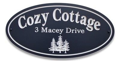 Weather Resistant Custom Exterior Oval PVC Cottage Sign / House Sign Precsion Carved Trees Text and Numbers | Painted with White Carving