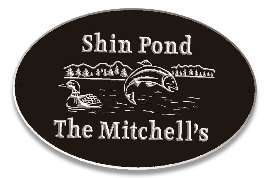Weather Resistant Custom Exterior Oval Sign Cottage Sign House Sign With Carved Lake, Fish and Loon - White Carving - Solid 3/4 inch thick PVC