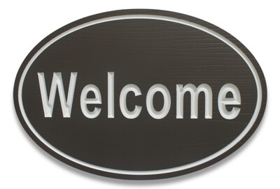 Custom Oval Wood Grain Painted PVC Welcome sign with White Carving
