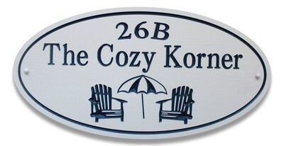 White Oval House  Sign - Cottage Sign with Chairs and Umbrella With Painted  Precision Carved Text and Graphics.