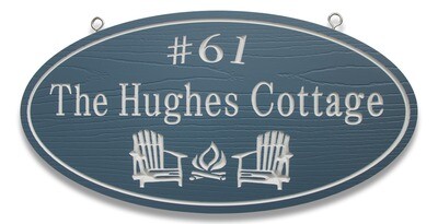 Custom Oval Wood Grain Painted PVC Cottage Sign Camp Sign with Carved Chairs and Fire - White Carving