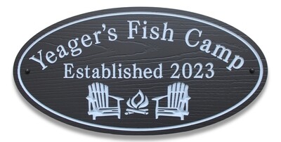 Custom Oval Wood Grain Painted PVC Cottage Sign Camp Sign with Carved Chairs and Fire - White Carving