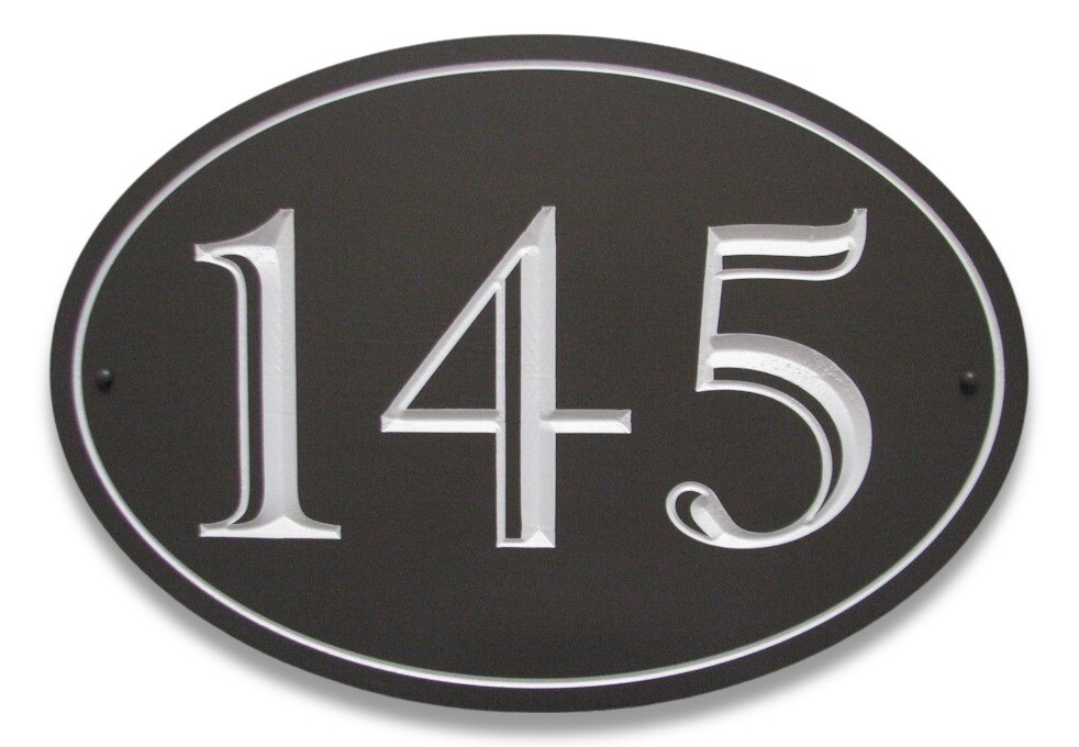 Custom Oval House Number Sign Painted With White Carving - Weather Resistant solid 3/4 inch thick PVC.