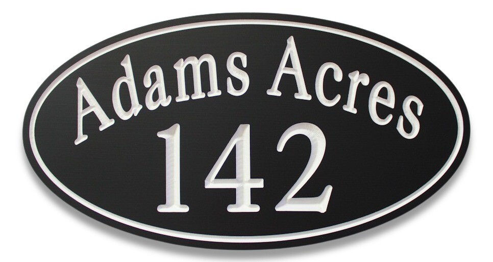 Custom Oval PVC Weather Resistant House Number Sign with White Carving > Street Number plus Name