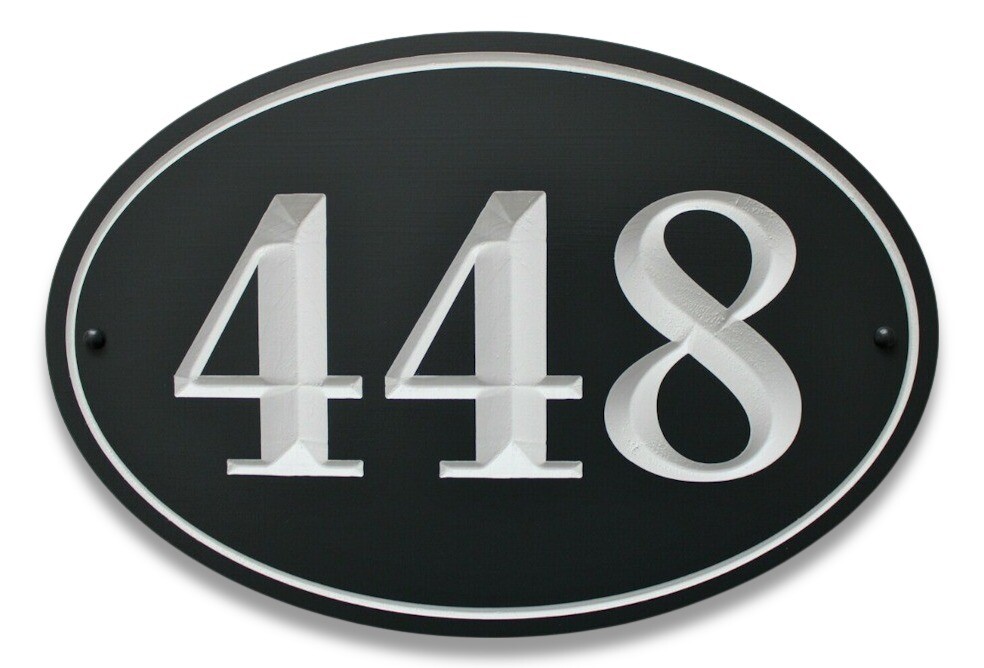 Custom Oval Address Sign - House Number Painted With White Carving - Weather Resistant solid 3/4 inch thick PVC.