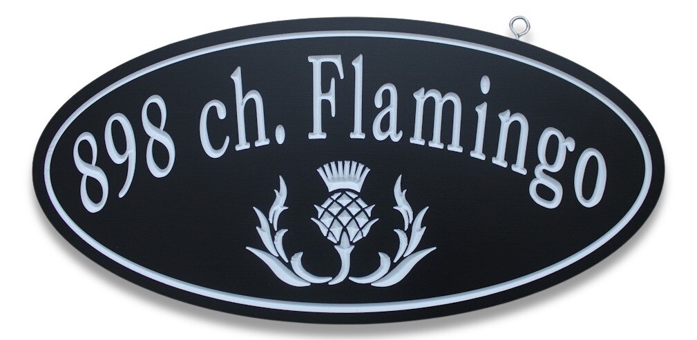 Weather Resistant Personalised Oval PVC Address Sign with Carved Thistle with White Carving