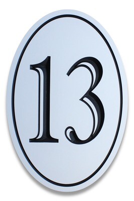 White Vertical Oval House Number Sign - House Number Sign With Painted Carving - Weather Resistant solid 3/4 inch thick PVC.