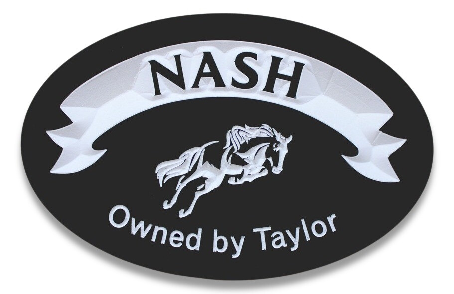 Custom Oval Painted PVC Horse Stall Sign - Barn Sign with Horse's Name > White Carved Banner > Jumping horse and Epithet.