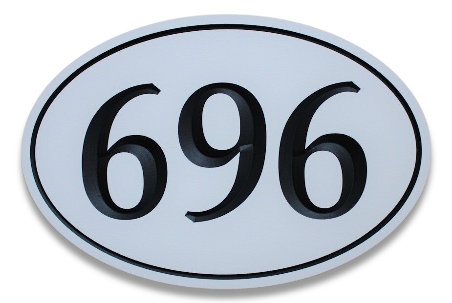 White Oval House Number Sign - House Number Sign With Painted Carving - Weather Resistant solid 3/4 inch thick PVC.