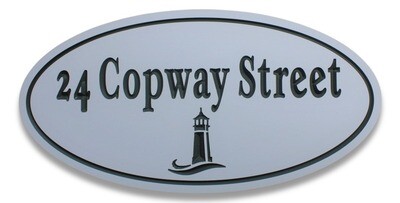 White Oval House  Sign - Address Sign with Lighthouse  With Painted Carving - Weather Resistant solid 3/4 inch thick PVC.